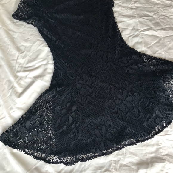 Flouncy Black Mini Dress with Lace Overlay - Picture 4 of 7